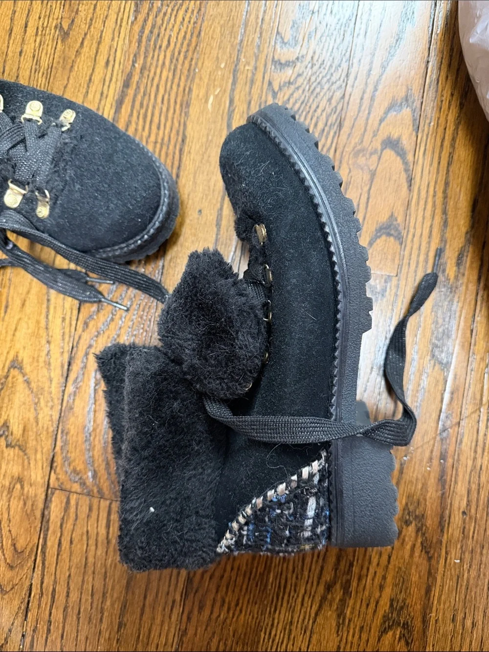 Jack Rogers Black Faux Fur Lace-Up Winter Boots with Gold Hardware